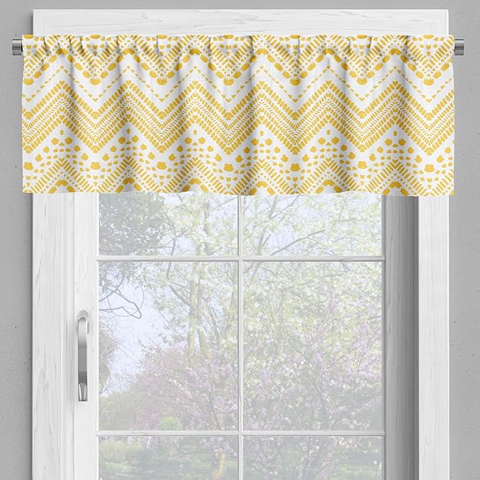 Ambesonne Yellow Chevron Valance & Tier Curtain 3 pcs Set, Hand Drawn Aztec Pattern Primitive Clan Motif with Dashed Lines Artwork, Window Treatments for Kitchen Room Decor, 55" x 24", Mustard White