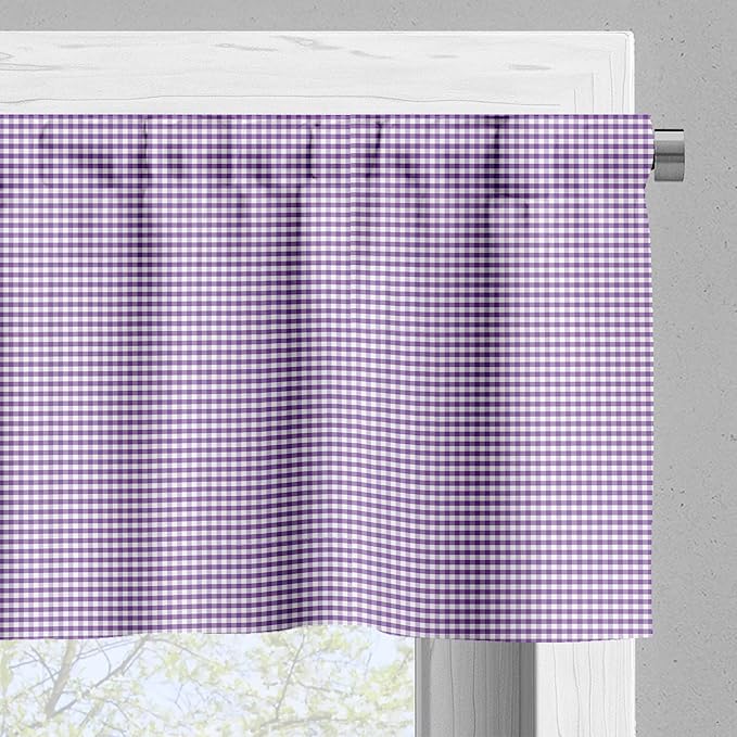 Ambesonne Checkered Valance & Tier Curtain 3 pcs Set, Purple and White Colored Gingham Checks Rows Picnic Theme Vintage Style Print, Window Treatments for Kitchen Room Decor, 55" x 45", Purple White