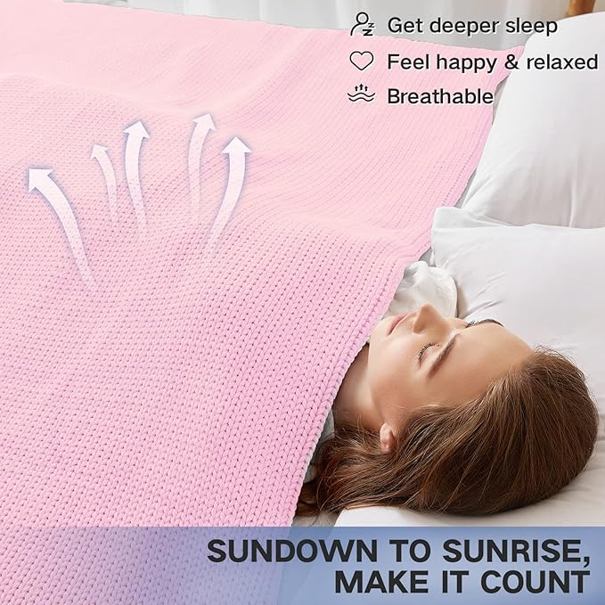 Knitted Weighted Blanket(Pink 60"x80" 20lbs),Home Décor Cooling Throw Blanket for Hot Sleepers,Hand Made Chunky Knit Heavy Blanket for Adults Use on Queen/King Size Bed