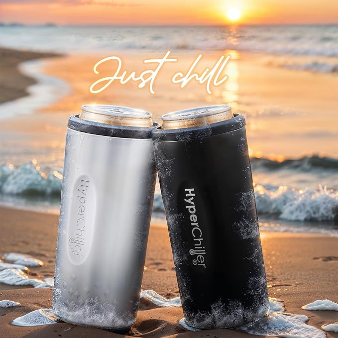 NEW HyperChiller SLIM HBC100SS, Dual Wall Vacuum Insulated, Slim Can Cooler, Beer, Soda, Energy Drinks, Seltzer, Wine Cooler, Fits All Standard 12 OZ Slim Cans, Cup Holder Friendly, Stainless Steel