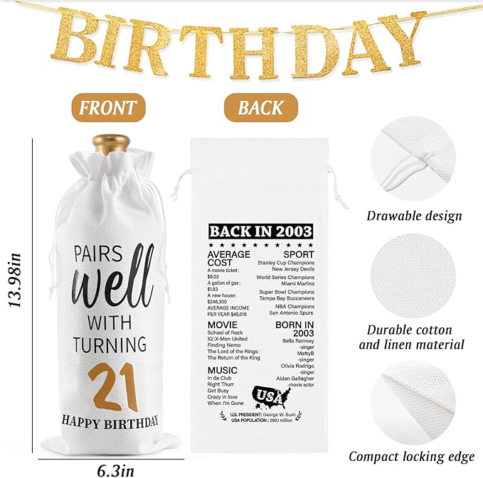 Lifecapido 21st Birthday Gifts for Her, 12oz Vintage 2003 Insulated Wine Tumbler with Wine Bag, Gifts for 21st Birthday Female, 21 Year Old Birthday Gifts for Her, 21st Birthday Presents for Daughter
