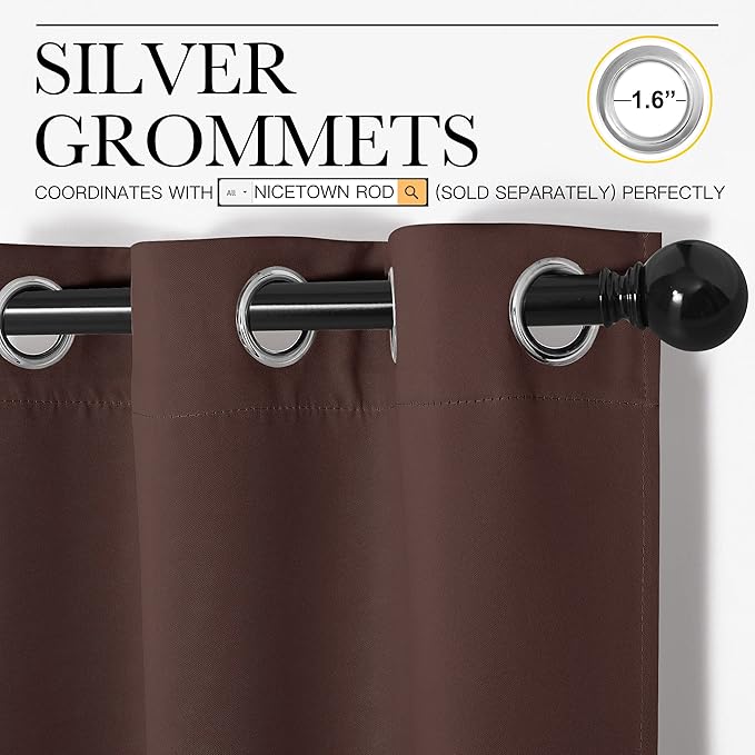 NICETOWN Nursery Essential Thermal Insulated Solid Grommet Top Blackout Curtains, Home Decoration Privacy Curtains for Bedroom (Chocolate Brown, 1 Pair, 42 x 63 inches)
