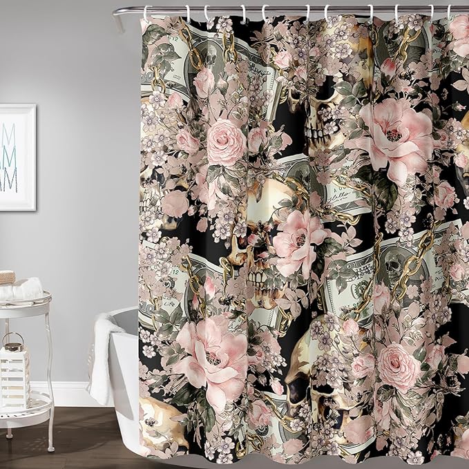 AILONEN Sugar Skull Shower Curtain for Bathroom,Romantic Rose Flower Bath Curtain for Girls Women,Money Skull Skeleton Print Waterproof Curtain with 12 Plastic Hooks, 36" W*72" H