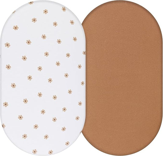 Bassinet Sheet, 100% Cotton Knitted Jersey, Fit Bassinet Crib Mattresses, Fitted Crib Sheets, Super Soft, Toddler Fitted Sheet, Unisex,2 Pack,Brown/Flowers, 17x32x4