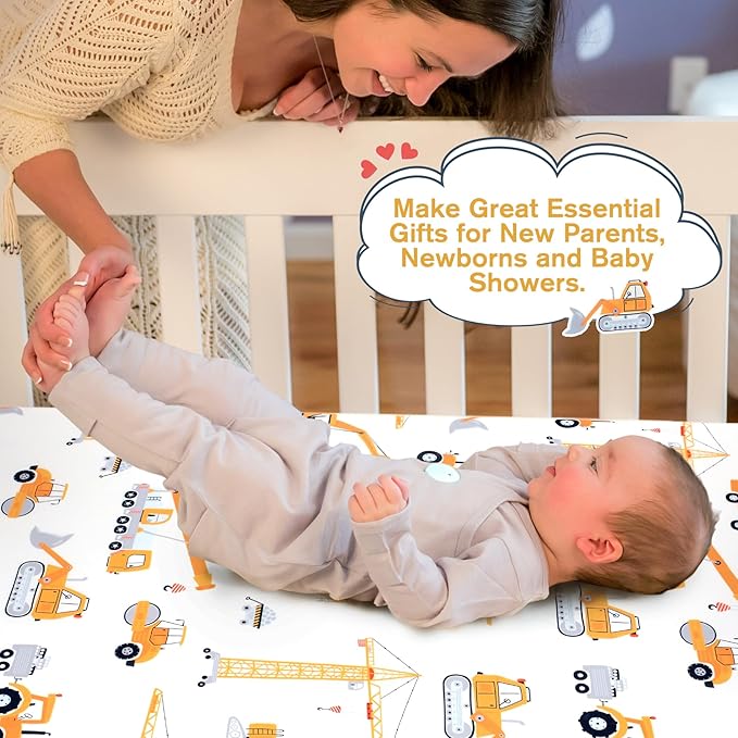 JISEN Baby Crib Sheets Soft Breathable Fitted Crib Sheets Baby Sheet for Standard Crib and Toddler Mattress Baby Bed Sheets for Crib for Baby Boys Girls Neutral 52x28 Inch Construction Trucks