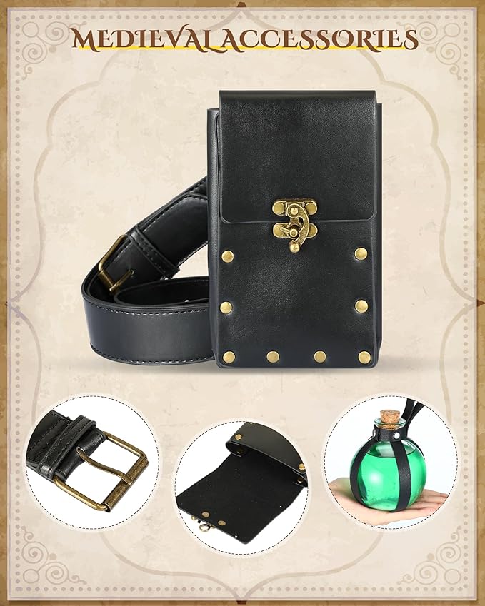 Sweetude 5 Pcs Renaissance Cosplay Accessory Belt Pouch Waist Bag Medieval Skirt Hike Vintage Mug Strap Festival Cork Potion Bottle Leather Belt for Halloween Party DIY Crafts Costume (Black)