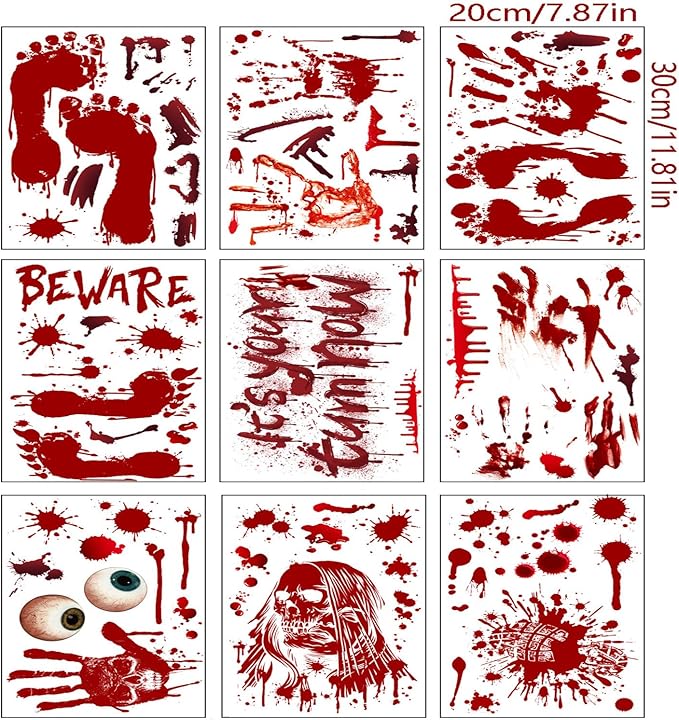 Halloween Horror Blood Seal Window Clings Stickers Decoration Bloodstain Skull Footprint Design Halloween Window Cling Decal Double Sided Static Removable Halloween Glass Window Stickers Supplies