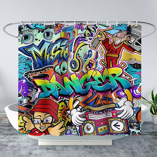 AILONEN Hip Hop Graffiti Shower Curtain for Bathroom,Colorful Graffiti Music Dancer Bathroom Curtain for Kids Boys Girls,Bath Curtain 36" W*72" H Polyester Waterproof Bathroom Curtain with 12 Hooks