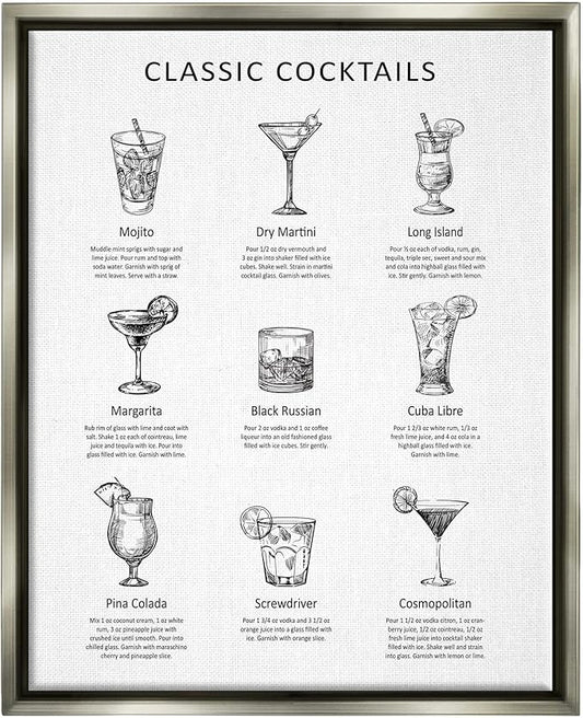 Stupell Industries Classic Cocktails Mixed Drinks Kitchen Bar Sign Chart, Design by Lettered and Lined, 16 x 20, Grey Floater Framed