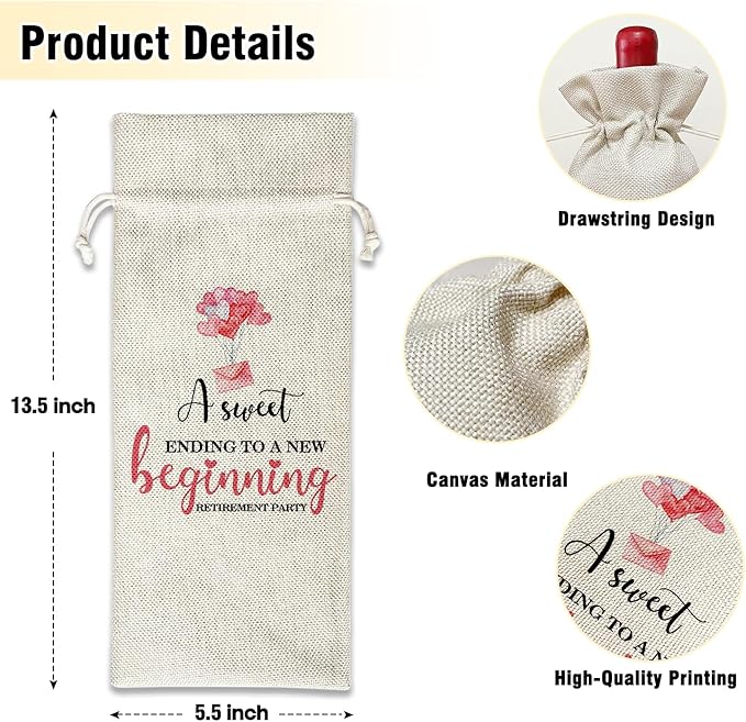 Wine Canvas Bag, Retirement Wine Gift Bag, Retirement Gift for Women Boss Coworker Farewell Gifts Goodbye Leaving Gifts Wine Bags for Wine Bottles, Wine Gifts With Drawstring Party Decoration -WB12