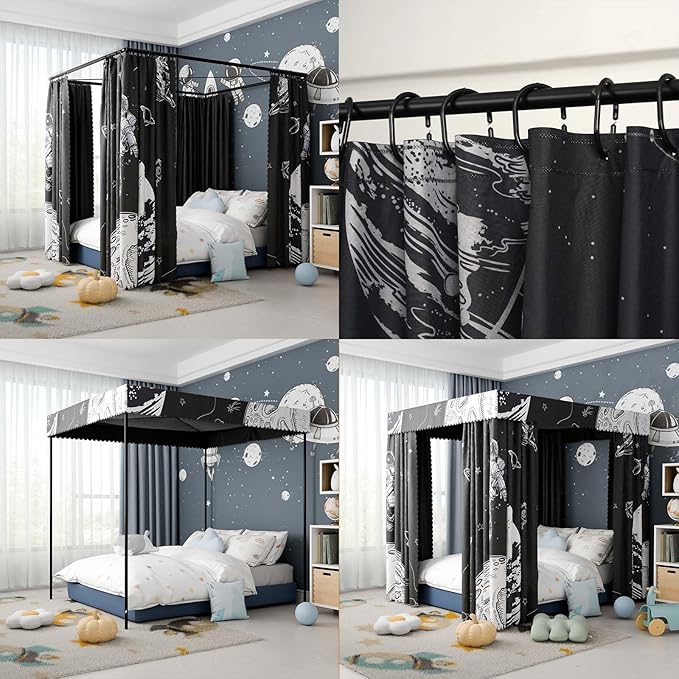Astronaut Canopy Bed Curtains - 4 Corner Post Bed Curtains Canopy Queen Bed Canopy Curtains for Children Girls Bedroom Decoration(Astronaut, Queen)