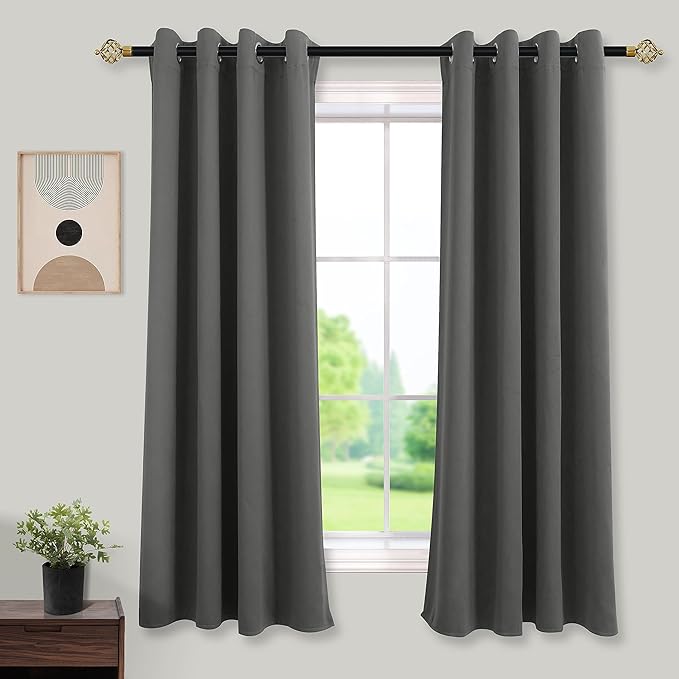 Mrs.Naturall Black Out Curtains 63 Inch Long for Bedroom Windows,Dark Grey/Gray Thermal Insulated Block Heat Blocking Blackout Curtains 63 Inch Length for Living Room 2 Panels Set