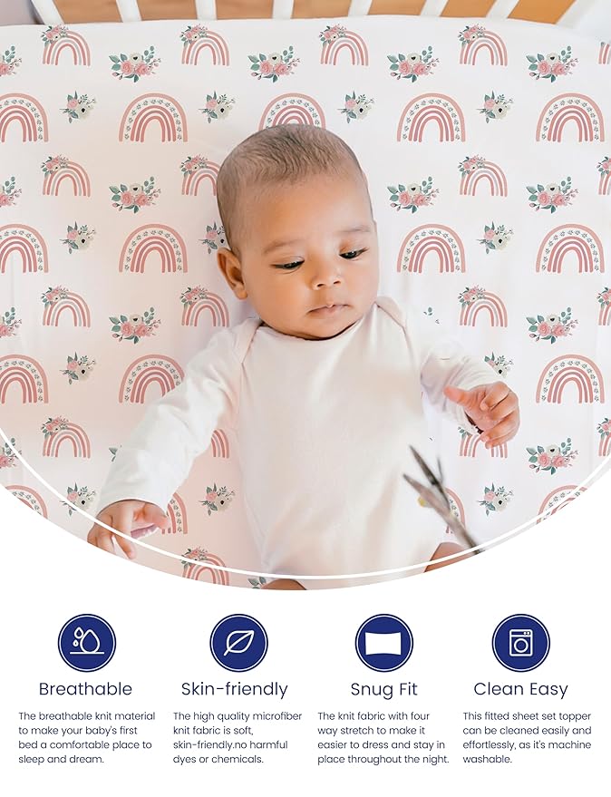 TotAha Pink Rainbow Crib Sheets Girl - Hypoallergenic, Silky Comfort, Buttery Soft, Calming Effect, All-Season Premium Stretchy Jersey-Knit Sheets, 9'' Extra Deep Pocket-2 Pack