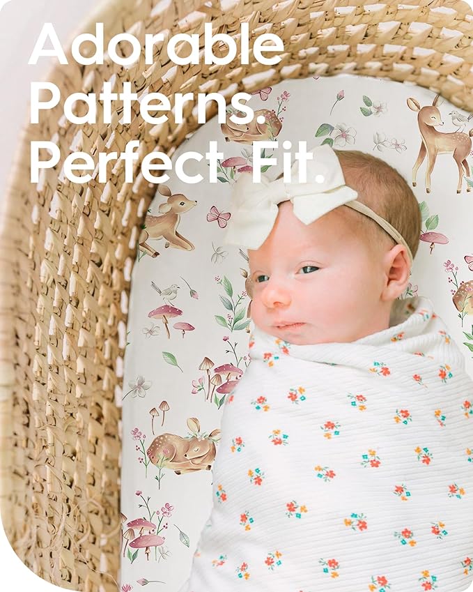 Bassinet Sheets for Baby Boy Girl, TotBasic Buttery Soft Universal Bassinet Fitted Sheet, Compatible with Halo, Mika Micky, Baby Delight, Dream On Me, Maxi COSI and More Bassinet Mattress(Forest)