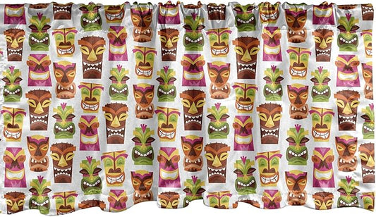 Ambesonne Tiki Bar Window Valance, Sixties Retro Inspired Hawaiian Party Happy Tiki Pattern Colorful, Curtain Valance for Kitchen Bedroom Decor with Rod Pocket, 54" X 12", White Brown