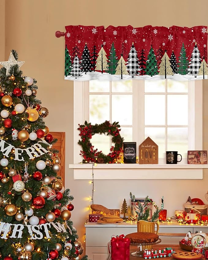 Red Merry Christmas Valance Curtains for Kitchen Windows Green Christmas Tree Rod Pocket Window Treatment Toppers for Kitchen/Living Room/Bedroom/Bathroom, 42" X 12", White Snow Forest Winter