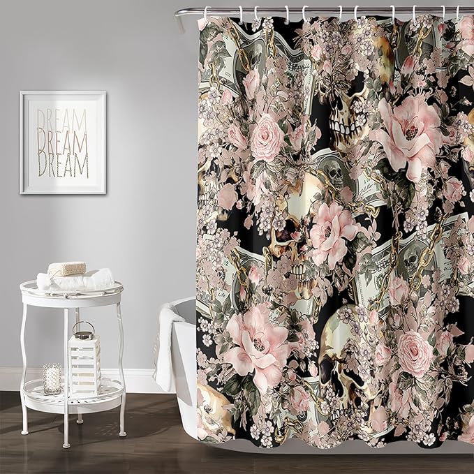 AILONEN Sugar Skull Shower Curtain for Bathroom,Romantic Rose Flower Bath Curtain for Girls Women,Money Skull Skeleton Print Waterproof Curtain with 12 Plastic Hooks, 72" W*78" H
