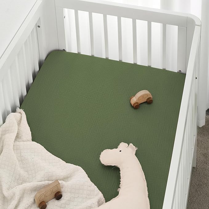 TILLYOU 2 Pack Muslin Crib Sheet for Boys and Girls - 100% Cotton Fitted Crib Sheet for Toddler Standard Crib Mattress, Soft and Breathable, 52"x28"x8",Forest Green&Light Green