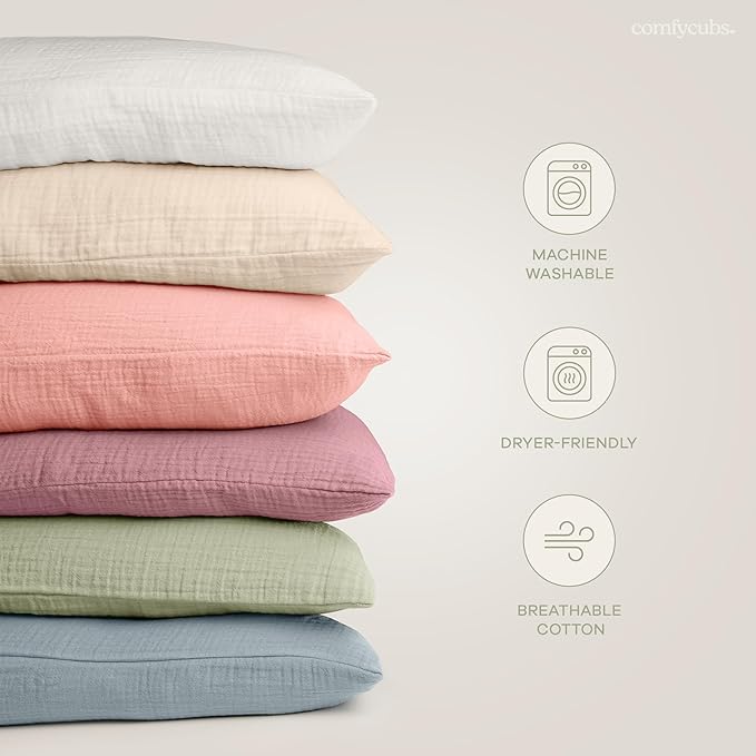 Comfy Cubs Toddler Pillow with Soft Muslin Pillowcase, 13"x18", Sage - Kids Pillow for Sleeping & Travel - Adorable & Comfortable Small Pillow - Kids Travel Pillow with Breathable Microfiber Fill