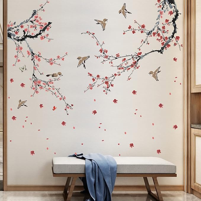 AM AMAONM Removable 3D Ink Style Black Tree Branches and Pink Red Flower Wall Decals Plum Blossom Flowers and Birds Wall Sticker Peel and Stick Wall Decor for Home Walls Living Room Kids Baby Bedroom Nursery Girls Wall Corner Decoration (A)