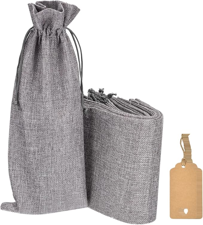 uxcell Burlap Wine Bags with Drawstrings, 12Pcs Wine Gift Bags Reusable Wine Bottle Bags with Ropes and Tags for Wedding, Birthday, Travel (14 x 6.3 In, Grey)