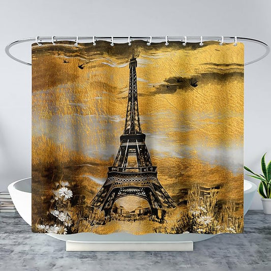 AILONEN Eiffel Tower Shower Curtain,Afterglow Tower Bathroom Fabric Shower Curtain for Boys Kids Teens, 72" W*72" H Vintage Orange & Black Style Paris Tower Bathroom Decor