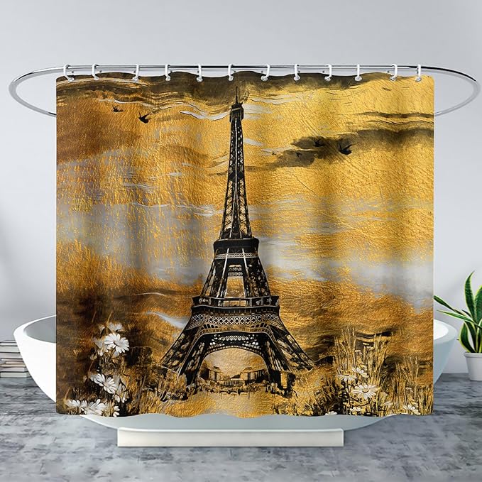 AILONEN Eiffel Tower Shower Curtain,Afterglow Tower Bathroom Fabric Shower Curtain for Boys Kids Teens, 72" W*96" H Vintage Orange & Black Style Paris Tower Bathroom Decor