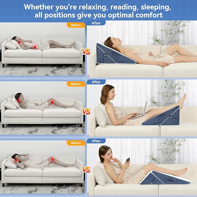Bed Wedge Pillow for Sleep Apnea, 9 & 12 Inch Adjustable Wedge Pillow for Back Pain Relief, Leg and Knee Support, 7 in 1 Cooling-Gel Memory Foam Elevated Pillows for Acid Reflux, Post Surgery, Snoring