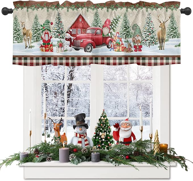 Christmas Farmhouse Valance Kitchen Curtains for Windows, Red Truck Gnomes Rod Pocket Valances Window Treatments Winter Holiday Snowman Short Curtains For Bedroom/ Living Room, 54" X 18" -1 Panel