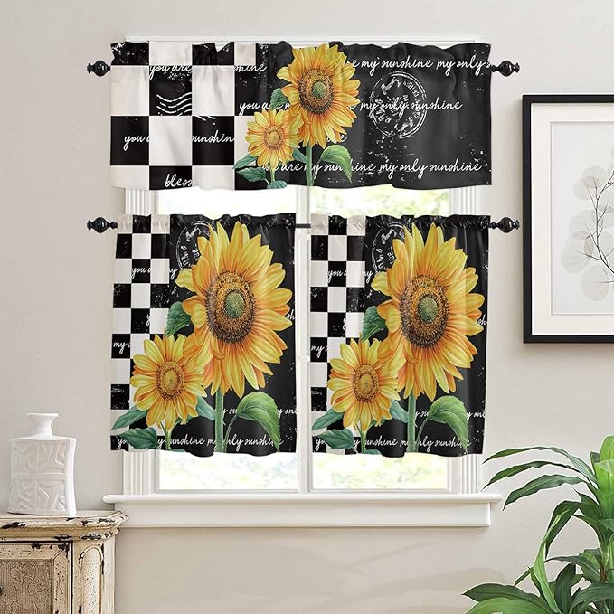 Kitchen Curtains and Valances Set,Farmhouse Sunflower Window Treatments Tiers Black White Buffalo Plaid Semi Sheer Half/Short Curtains for Small Windows Cafe /Living Room/ Bedroom 54x24 in, 3-Piece