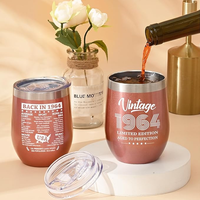 Lifecapido 60th Birthday Gifts for Women, Vintage 1964 Limited Edition Insulated Wine Tumbler with Wine Bag, 60 Year Old 60th Birthday Presents Christmas Gifts for Mom Grandma Wine Lover, 12 oz