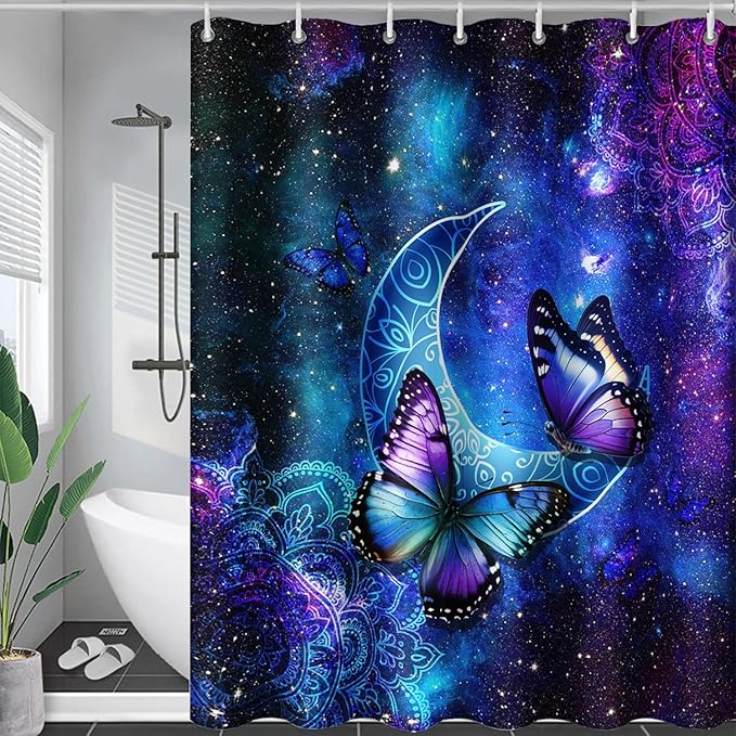 AILONEN Butterfly Shower Curtain, Mystic Moon Cloth Bath Curtain Set for Teen Adults Bathroom,Beautiful Purple Butterfly Starry Night Shower Curtain Liner,72" W*96" H