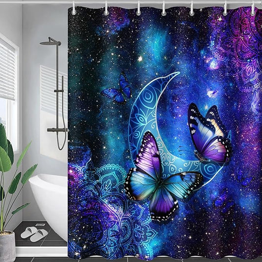 AILONEN Butterfly Shower Curtain, Mystic Moon Cloth Bath Curtain Set for Teen Adults Bathroom,Beautiful Purple Butterfly Starry Night Shower Curtain Liner,60" W*72" H