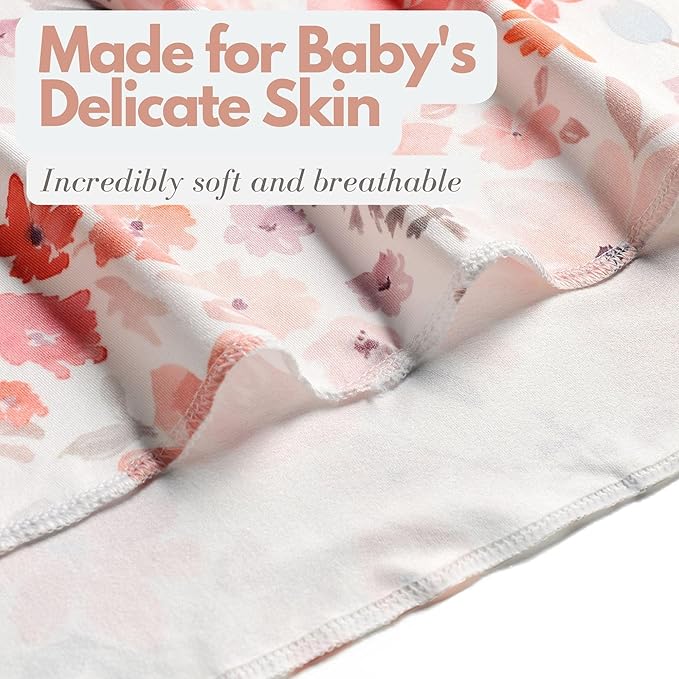 Newborn Baby Girl Receiving Blanket Swaddle Blanket Stretchy Knit Swaddle Set with Matching Headband Beanie with a Name Card (Pink and Orange Floral)