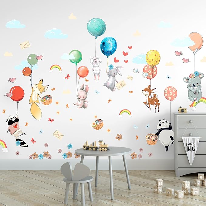 Hot Air Balloon Wall Decals for Kids by Lipastick – 87 pcs Cartoon Animals Wall Decals for Girls Boys Kids Baby - Animal Wall Stickers for Nursery Room Bedroom - Raccoon Fox Koala Panda M Size