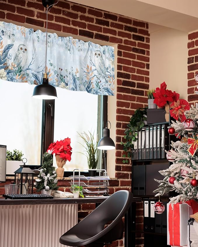 Blue Christmas Valance Curtains for Kitchen Windows Winter Snowy Owl Poinsettia Eucalyptus Leaves Rod Pocket Window Treatment Toppers for Kitchen/Living Room/Bedroom/Bathroom, 42" X 18",