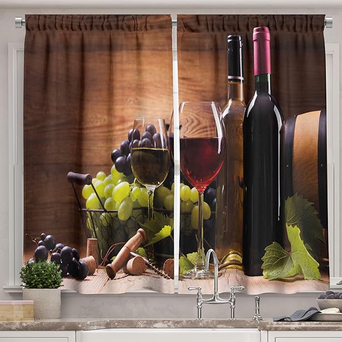 Ambesonne Wine Kitchen Curtains, Glasses of Red and White Wine Served with Grapes French Gourmet Tasting, Window Drapes 2 Panel Set for Kitchen Cafe Decor, 55" x 39", Brown Ruby