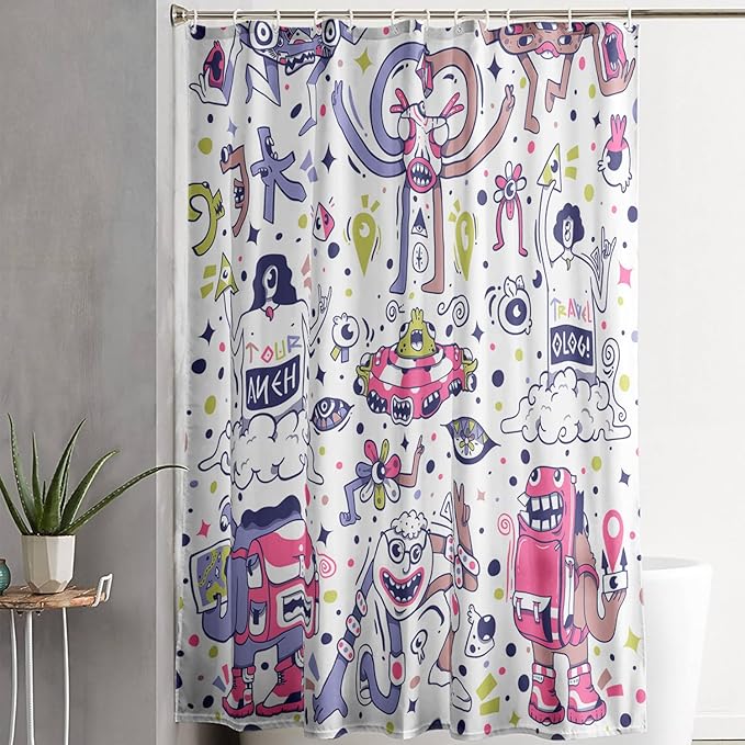 AILONEN Alien Shower Curtain,Spaceship Universe Theme Waterproof Fabric Shower Curtain Sets, 72" W*78" H Monster Robot Bathroom Decor for Boys Teens Kids