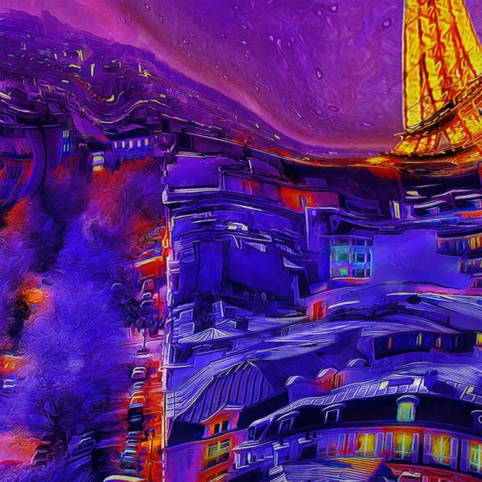 AILONEN Paris Tower Shower Curtain,Purple Glowing City Waterproof Fabric Shower Curtain for Girls Boys Kids Teens, 36" W*72" H Night Eiffel Tower Oil Painting Shower Curtain