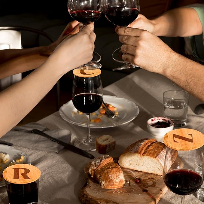 Personalized Wine Glass Charcuterie Topper - Custom Laser Engraved Initial Bamboo Wine Glass Topper Stopper Coasters Plate ID Identification Wine Glass Charcuterie Board Topper (Letter B)