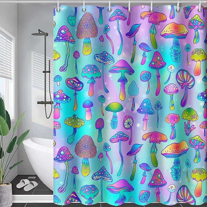 AILONEN Mushroom Shower Curtain for Bathroom,Blue Purple Mushroom Bath Curtain,Cute Cartoon Magic Fungus Decor Bathroom Curtain with 12 Plastic Hooks, 72" W x 96" H