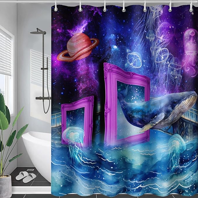 AILONEN 3D Whale Shower Curtains,Purple Galaxy Bath Curtains,Ocean Jellyfish Curtains for Kids Girls,Polyester Waterproof for Bathroom with 12 Hooks,60" W*72" H Purple