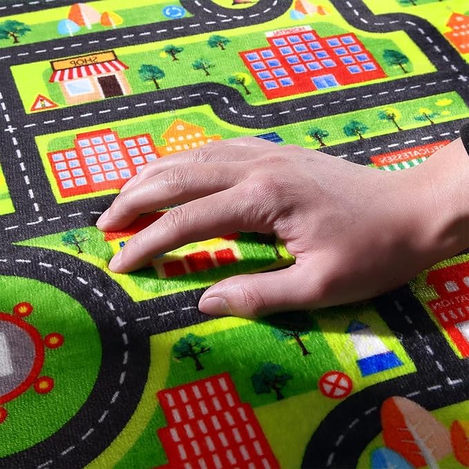 Round Kids Playmat, City Life Carpet Mat Toddler Classroom Kids Road and Traffic Carpet Non Slip Nursery Rug City Map Educational Rug for Bedroom Kids Boys Room, 4' x 4' Round, Black