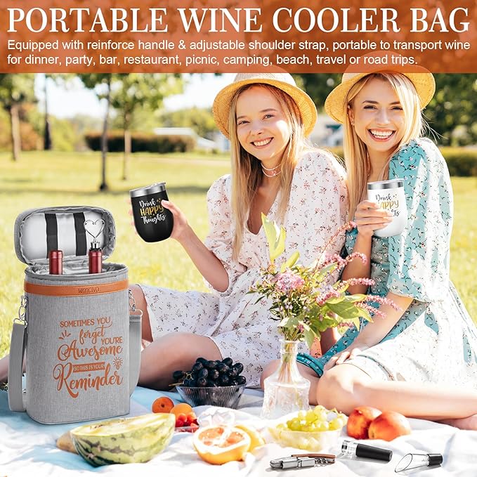 Birthday Gifts for Women Men - Inspirational Gifts For Women, Best Friend, Graduation, Wine Lovers, Mothers Day Gifts For Mom - Insulated Wine Tote Bag Wine Carrier with Tumblers and Wine Accessories