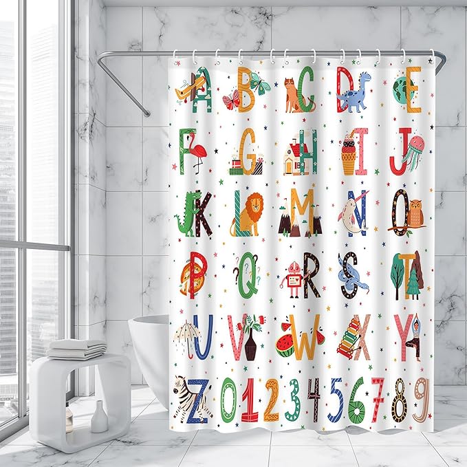 Aperturee Alphabet ABC Learning Shower Curtain for Kids Bathroom Animals Kids ABC Figure Educational Tool Cartoon Animals Girls Boys Colorful Decorative Bath Curtain with 12 Hooks,72x72 Inch