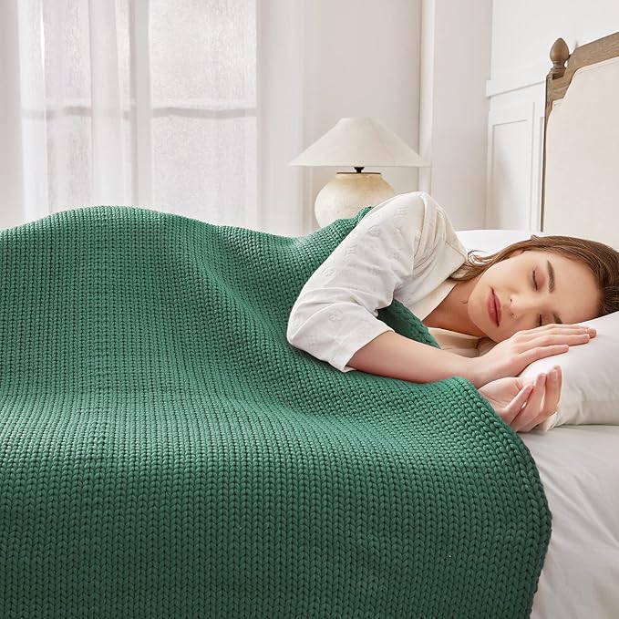 Knitted Weighted Blanket(Green 60"x80" 15lbs),Home Décor Cooling Throw Blanket for Hot Sleepers,Hand Made Chunky Knit Heavy Blanket for Adults Use on Queen/King Size Bed
