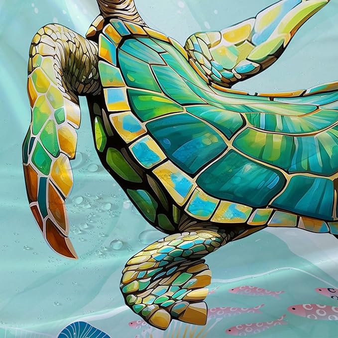 AILONEN Cute Sea Turtle Shower Curtain,Cartoon Turtle with Water Plant Shower Curtain Set for Bathroom,Kawaii Ocean Animal Theme Waterproof Fabric Shower Curtain with Hooks,48" W*72" H