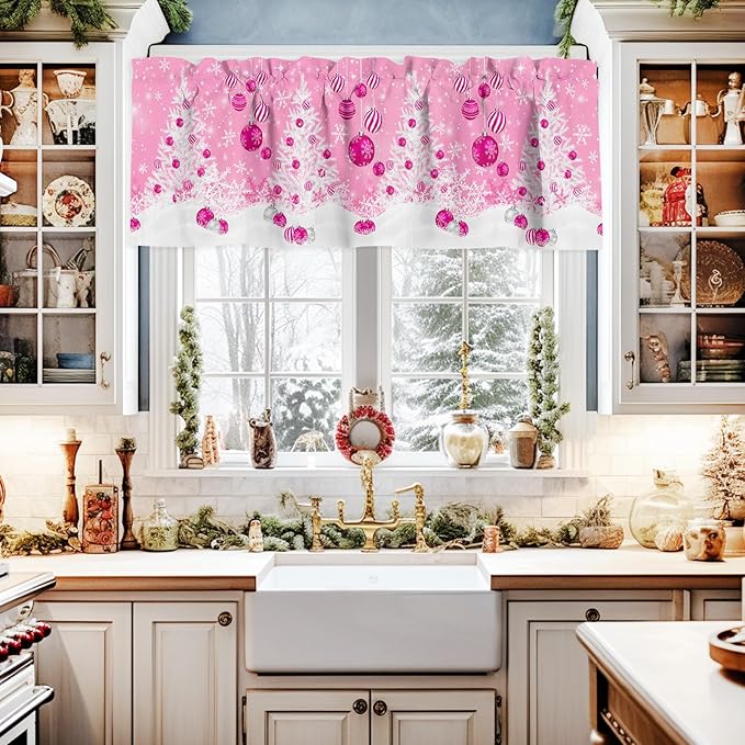 Pink Christmas Valance Curtains for Kitchen Windows White Xmas Tree Snowflakes Pink Balls Rod Pocket Window Treatment Toppers for Kitchen/Living Room/Bedroom/Bathroom, 60" X 18", Winter