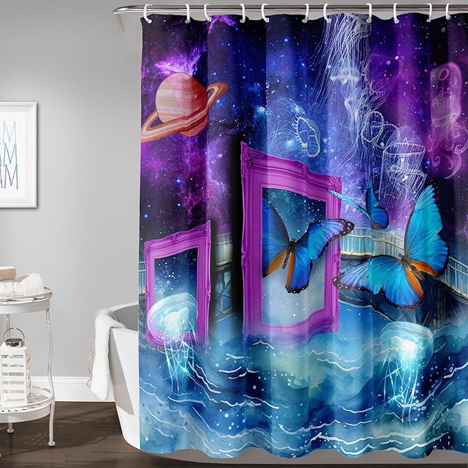 AILONEN Blue Butterfly Shower Curtains,Purple Galaxy Bath Curtains for Bathroom for Girls,Blue Ocean Jellyfish Curtains,Polyester Waterproof with 12 Hooks 72" W*84" H