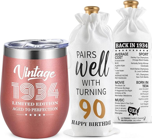 Lifecapido 90th Birthday Gifts for Women, Vintage 1934 Limited Edition Insulated Wine Tumbler with Wine Bag, Gifts for 90 Year Old Woman, 90th Birthday Gift Ideas for Mom Grandma Wine Lover, 12 oz